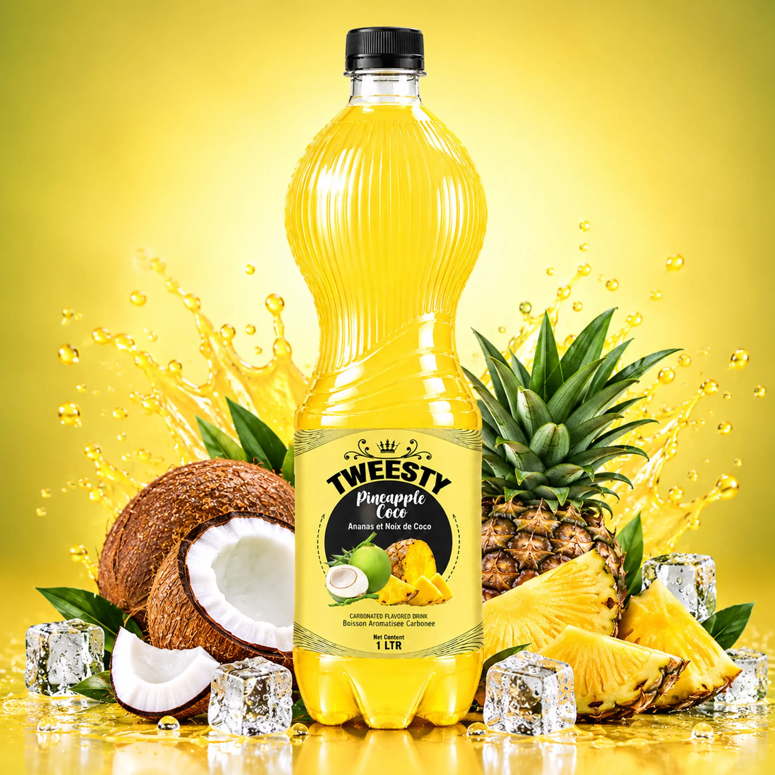 TWEESTY Pineapple Coco 1L PET bottle with pineapple, coconut and ice.
